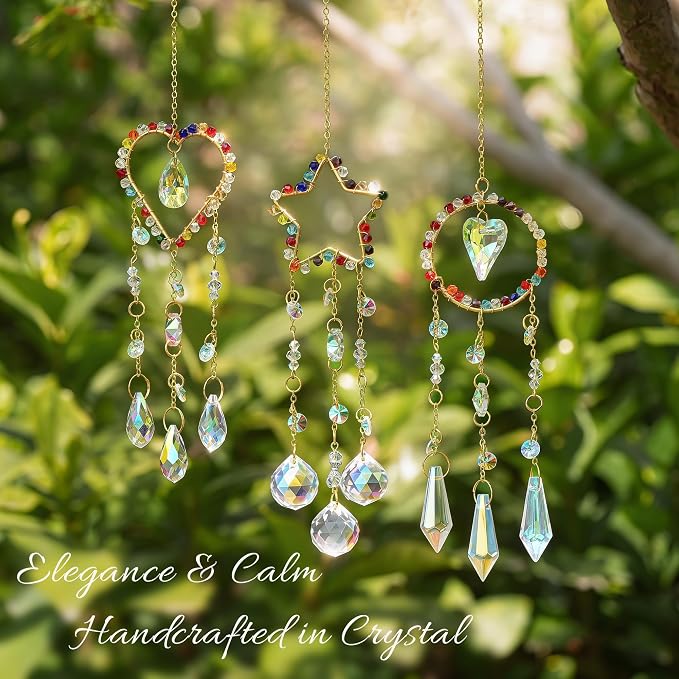 3 Pcs Crystal Suncatcher Rainbow Maker Star Heart Moon Window Decor | Star Heart Moon Crystal Suncatcher Rainbow Prism Pendant Hanging for Window Indoor Garden Car Home Display Decor