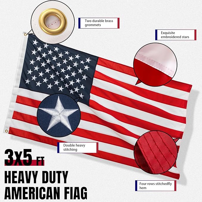 American Flag 3x5 Ft with Pole for Outside, Heavy Duty Nylon and 6 Ft No Tangle White Flagpole Kit, Fade Resistant and Waterproof with Embroidered Stars, Sewn Stripes, Brass Grommets