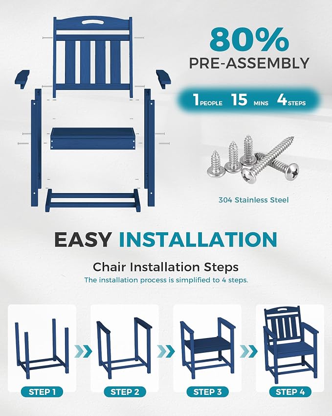Ciokea Outdoor Patio Dining Chair, HDPE Oversized Porch Chairs with Wide Seat, All-Weather Durable Heavy-Duty Outdoor Furniture for Backyard, Poolside, Lawn & Garden, NavyBlue