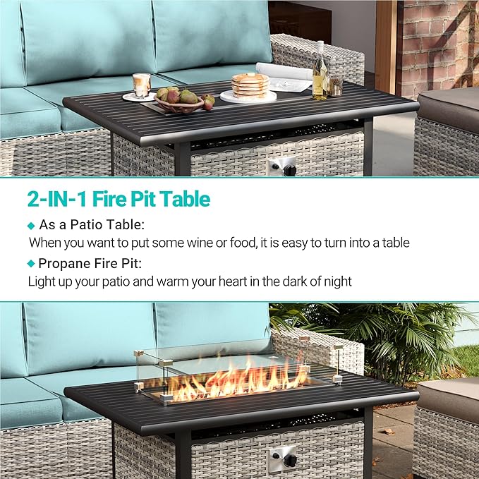 11-Piece Outdoor Patio Furniture Set with Rocking Swivel Chair, Wicker Rattan Sectional Sofa Conversation Set with 55,000 BTU Fire Pit Table, Backyard Furniture, Light Blue