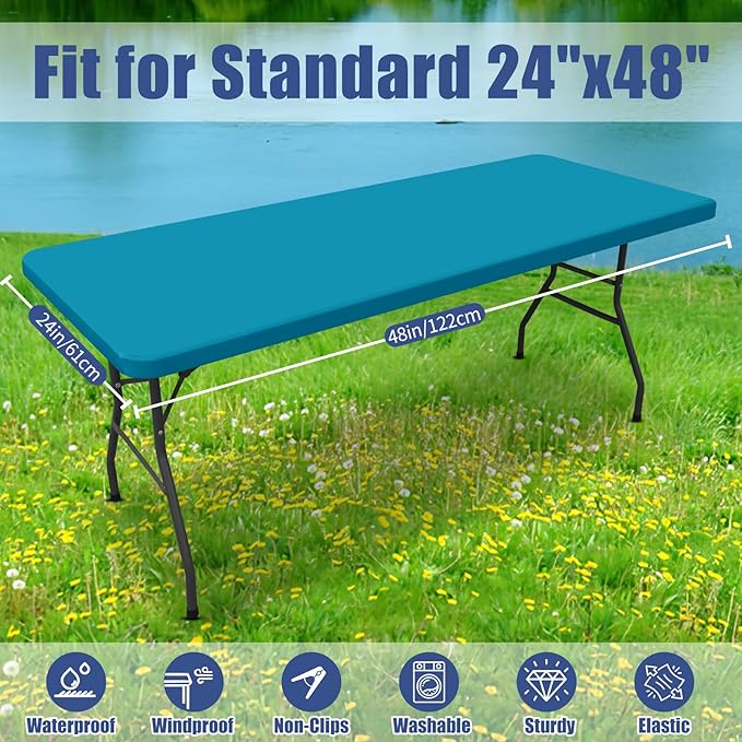 Moosfor Spandex 4 Foot Rectangle Table Cloth 2 Pack, Elastic Fitted Tablecloths for Picnic, Stretch Washable Patio Table Cover for Outdoor, Camping, Banquet and Parties (Teal, 24"x48")
