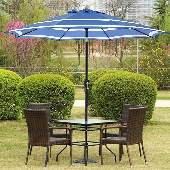 ABBLE Outdoor Patio Umbrella 9Ft Stripe Royal with Crank and Tilt - Market, Picnic, Pool, Garden, Deck, Backyard and Beach - Blue & White