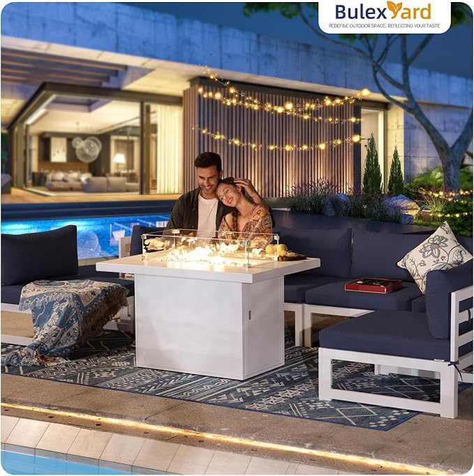BULEXYARD 6 Seat L-Shaped Large Modern Aluminum Patio Furniture Set, All Weather Modular Sectional Sofa with Fire Pit Table, 500 lbs Heavy Duty Comfortable Outdoor Couch for Backyard Deck, Navy Blue
