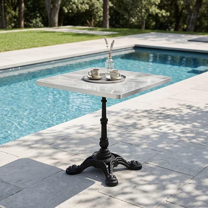 31.5" Square Outdoor Patio Dining Bistro Table, Sintered Stone Top | Glossy sintered stone top, cast iron tulip base, compact size for patio, balcony, garden, or café use, 2-4 People Dining