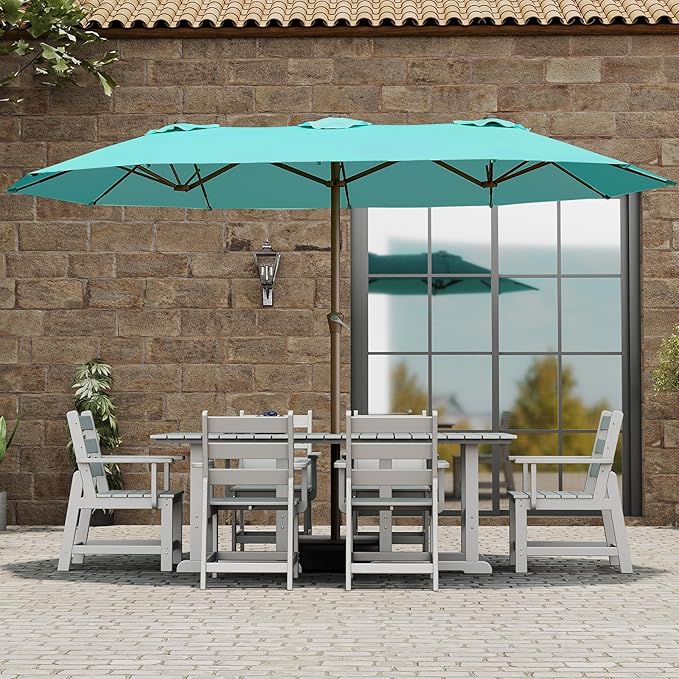 BRIOPAWS 15-FT-Large-Patio-Umbrella-with-Base | Double-Sided | Outdoor Table Umbrellas | w/Crank Handle | 12 Sturdy Fiberglass Rib | UV-Protection | for Garden Deck Backyard Pool | Peacock Blue
