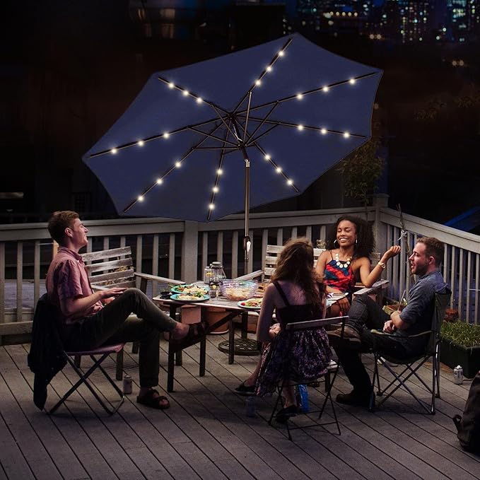 Four Seasons Courtyard 9 Foot Polyester 2 Section Steel Pole Outdoor Patio Market Umbrella with Open Tilt System and LED Lights on 8 Steel Ribs, Navy