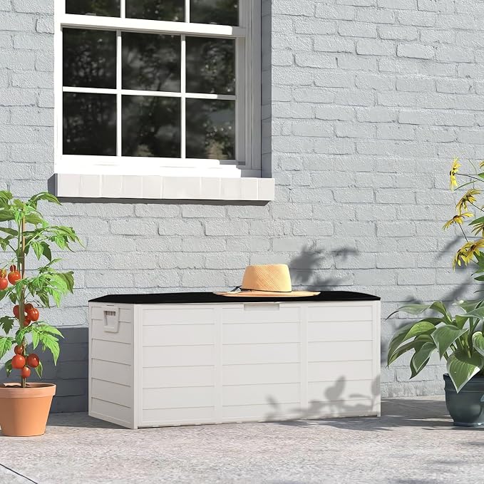 75 Gallon Resin Deck Box,Outdoor Large Resin Deck Box,Lockable Container for Patio Furniture Cushions Garden Tools (White)