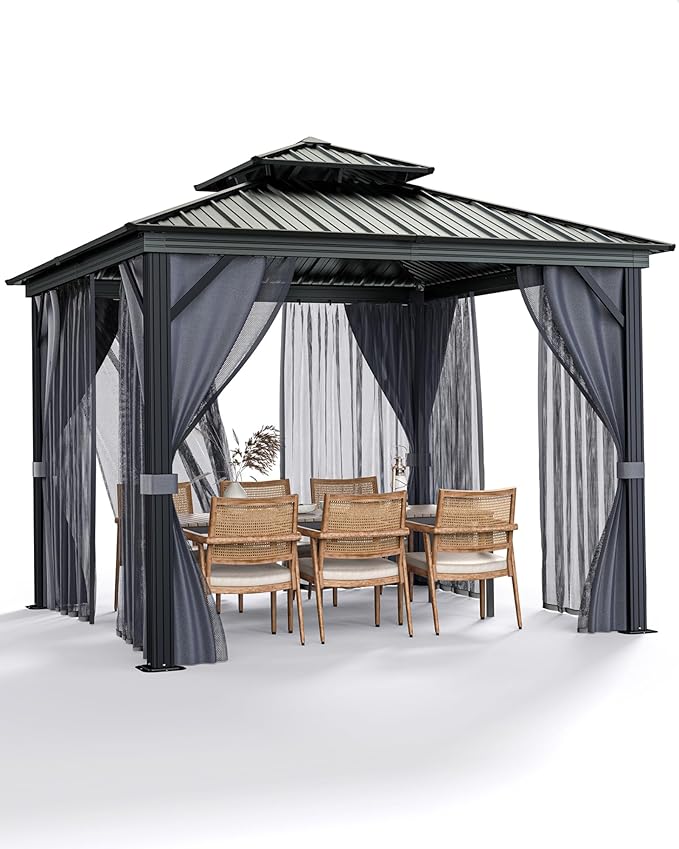 10 X10 ft Hardtop Gazebo, Galvanized Steel Double Roof with Curtains and Netting, Aluminum Frame Patio Gazebo for Patio, Garden and Lawn