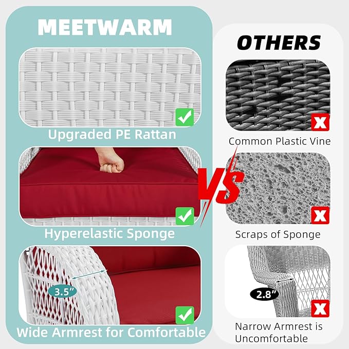 MEETWARM 3-Piece Outdoor Wicker Swivel Rocker Patio Set, Rocking Chairs Rattan Patio Furniture with Thickened Cushion and Glass-Top Coffee Table, Conversation Bistro Set, White Wicker/Red