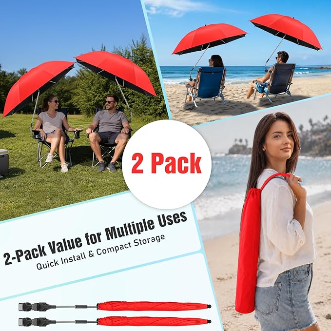 2 PACK Beach Umbrella with Clamp, 360 ° Adjustable Umbrellas for Chair, UPF50+ Umbrella for Beach Chair, Patio Chair, Wheelchair, Camping Chair, Golf Carts (Chair Not Included)