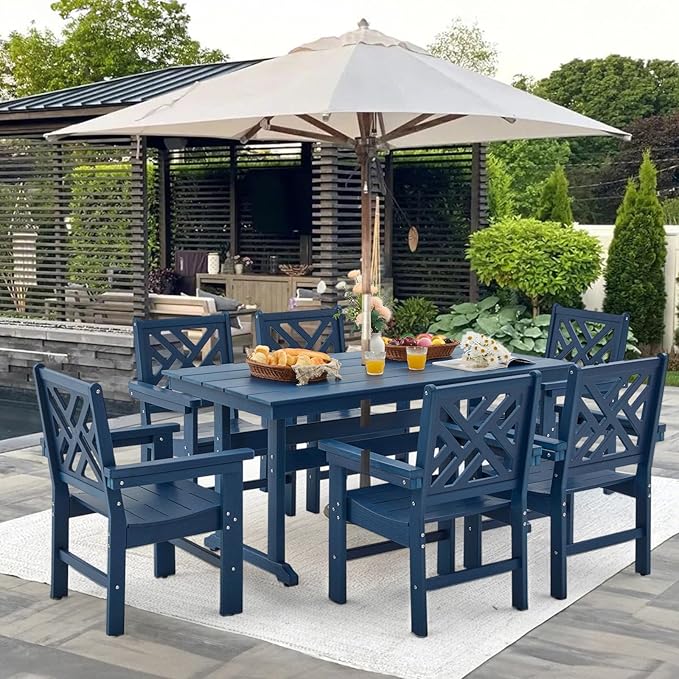5 Piece HDPE Outdoor Dining Set for 4 Patio Dining Furniture Set with Umberlla Hole, Weather Resistent Outdoor Table and Chairs for Garden, Poolside, Backyard, Deck, Blue