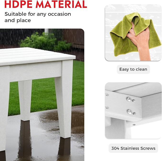 Costaelm Outdoor Patio Table and Chairs Set of 2, 2-Piece HDPE Garden Chair with Square Adirondack Side Table Set, Porch Chairs Coffee Table for Outside Porch Backyard, White