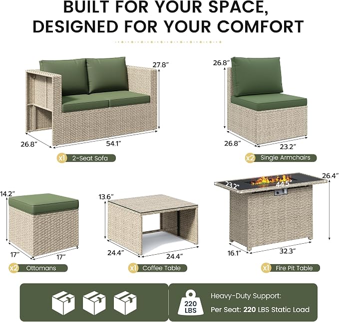 Amopatio 7 Pieces Patio Furniture Set with Fire Pit Table, All-Weather Wicker Outdoor Conversation Sofa Set with Glass Coffee Table, Cushions & Ottomans for Deck Backyard Porch Lawn Green