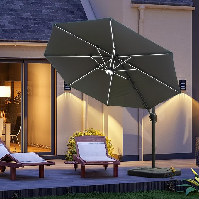 Domi 10FT Cantilever Patio Umbrella Solar Powered LED Round Deluxe Offset Umbrella, Aluminum Hanging Umbrella with 360°Rotation, Outdoor Market Umbrella for Outside Deck Backyard Garden Pool, Gray