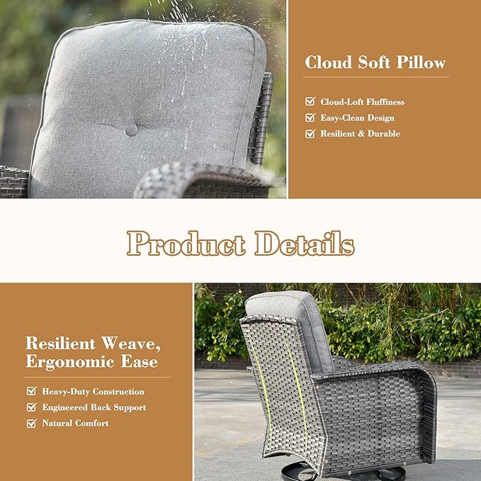 3 Pieces Patio Furniture Set, All-Weather Rattan Wicker Outdoor Furniture with Swivel Rocking Chairs and Side Table, High Back Conversation Set for Porch, Backyard, Balcony,Dark Grey