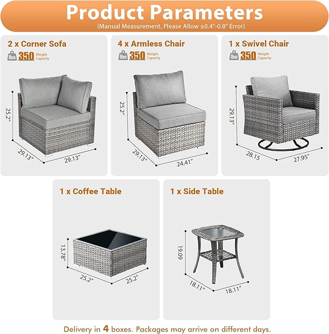9 PCS Outdoor Patio Furniture Sets with Wicker Rocking Chair,Wicker Weather Resistant Patio Conversation Set with Comfy Cushions,Modular L Shaped Sofa with Coffee Table for Yard,Dark Grey