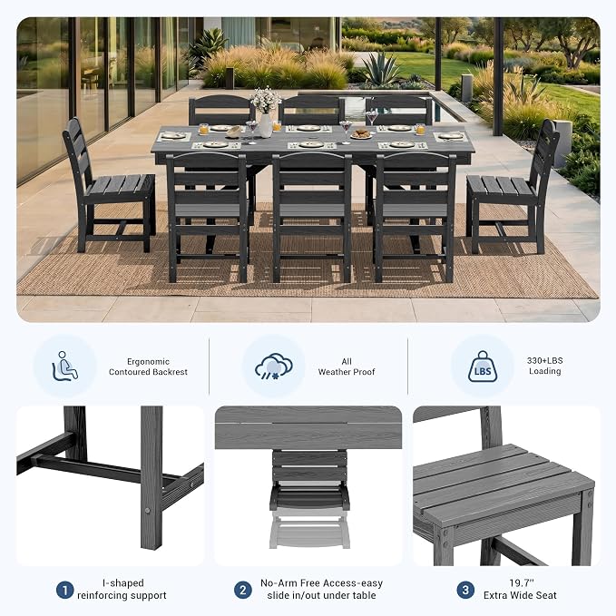 KINGYES 8-Seat Outdoor Patio Dining Set,84 inch HDPE Rectangular Table and Chairs Set，Waterproof Furniture Set with Umbrella Hole for Backyard,Grey