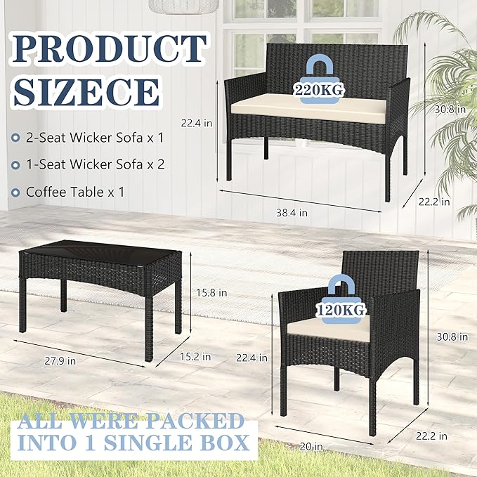 4 Pieces Patio Furniture Set, Outdoor Wicker Rattan Patio Conversation Furniture Set with Waterproof Cushion and Table for Lawn Backyard, Garden, Balcony, Porch and Poolside (Black)