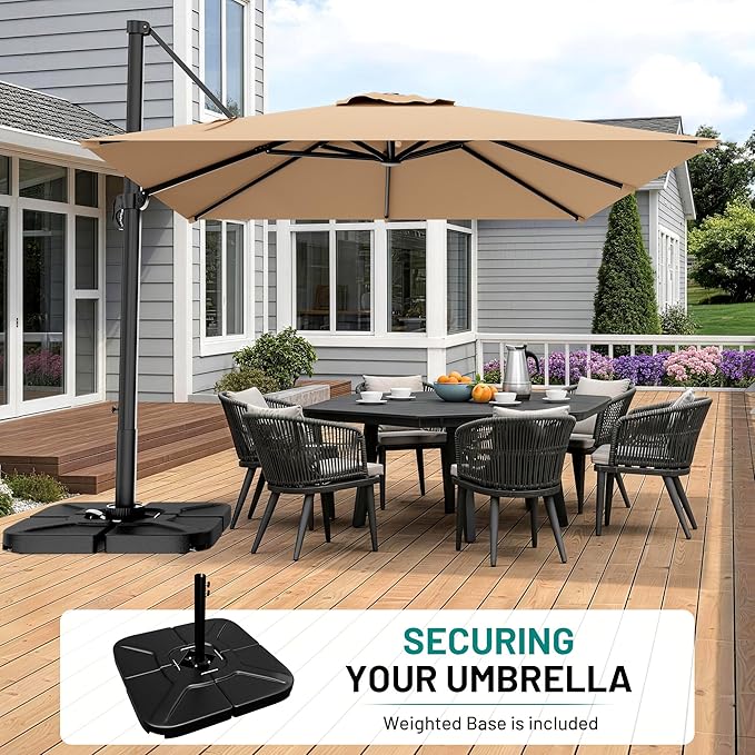 AreShark 9 × 9FT Square Cantilever Patio Umbrella with Base Included, 360° Rotation Offset Outdoor Umbrella, 5 Tilt Settings Heavy Duty Hanging Parasol for Deck Garden Pool, Beige