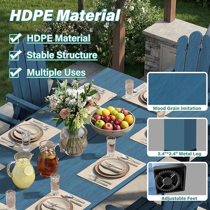 9-Piece Patio Dining Set for 8, 89.76” Oversized Table, Large HDPE All-Weather Outdoor Furniture with Umbrella Hole Table, 8 Armchairs, Navy