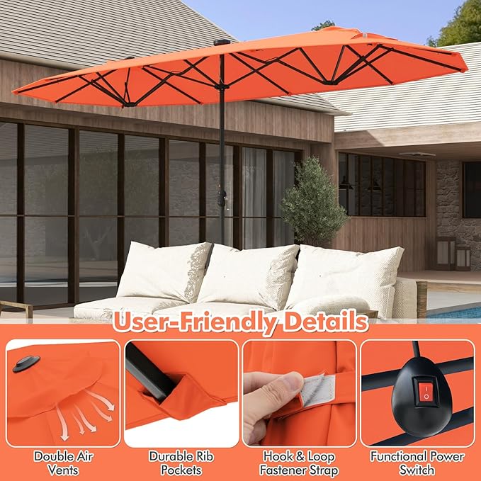 HAPPYGRILL Double-Sided Patio Umbrella with Solar Lights, 13FT Large Umbrella with Base Included, Crank Handle, Market Twin Table Umbrella for Outdoor Backyard Garden Poolside