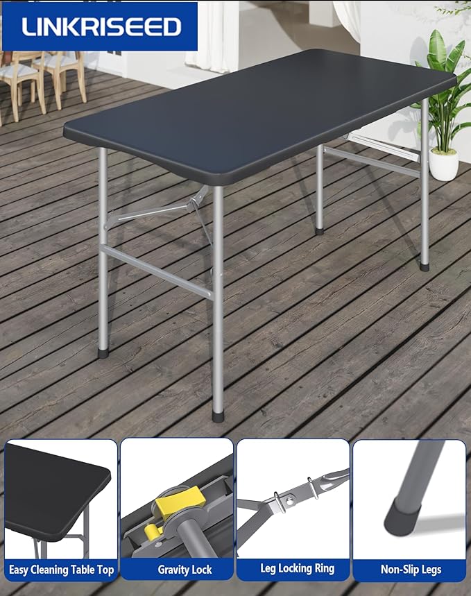 4FT Folding Tables – Heavy Duty Portable Foldable Picnic Table with Built-in Handle, 450 lb Capacity – Ideal for Events, Parties, Crafts, Camping & Dining (6-Pack, Black)