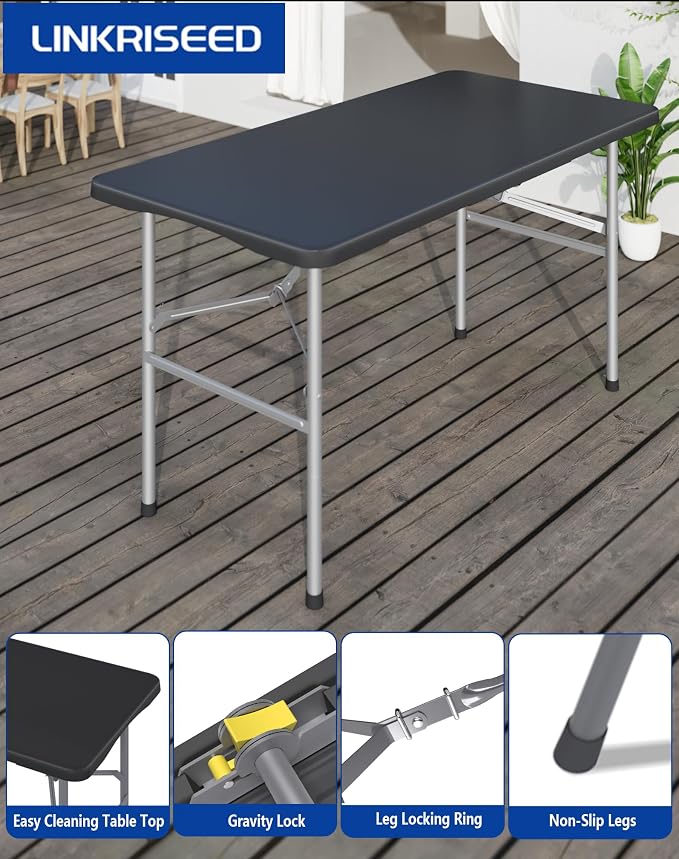 2 Pack 4FT Black Folding Table for Outdoor, 4 Foot Picnic Tables No Assembly Required Portable, Black Foldable Table for Camping, Parties, Meeting, Events, Wedding, with Carrying Handle