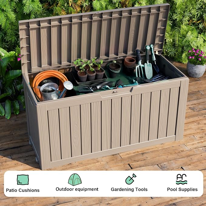 DRATO 320 Gallon Deck Boxes Outdoor Waterproof, Resin Large Lockable Storage Box with Lid, Outdoor Storage Bench Patio Cushions Furniture, Garden Tools, Pool Accessories (Grey, 320 Gallon)