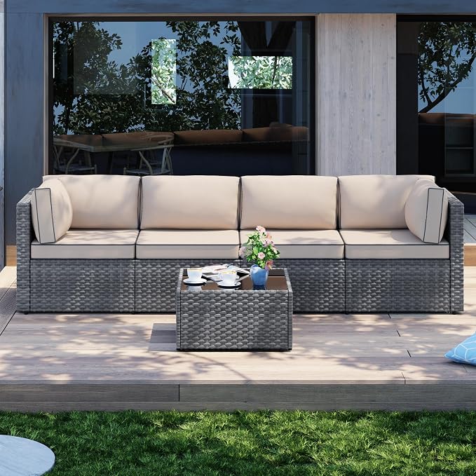 Patio Furniture Sets, 5 Piece Outdoor Sectional Sofas, Wicker Rattan Outdoor Furniture Patio Conversation Set, All-Weather PE Rattan Outdoor Couch for Backyard, Garden, Gray & Khaki