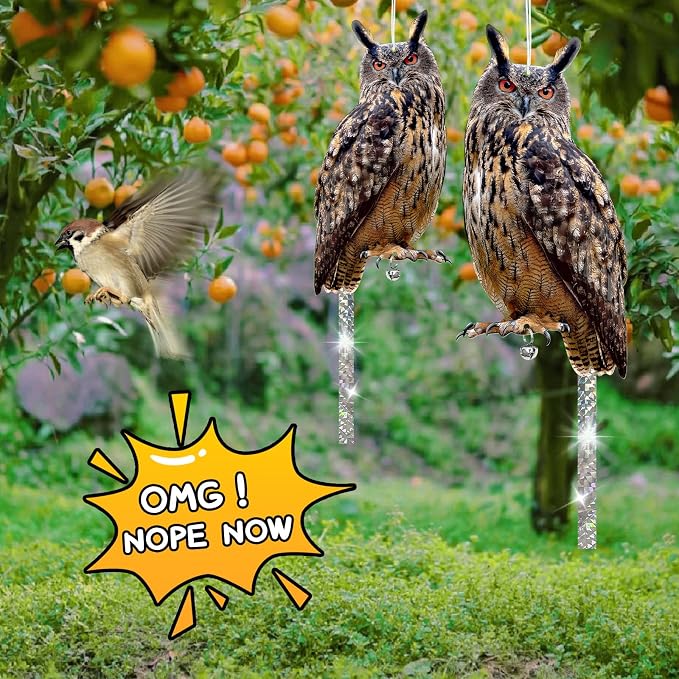 Owls to Keep Birds Away: 4Pack Fake Owl with Reflective Tape for Vineyard Garden Patio Pool, Reflective Hanging Decoration to Keep Birds Pigeon from Windows Tree Orchard