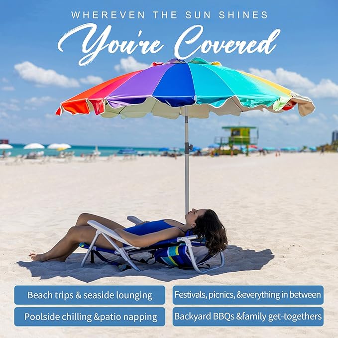AMMSUN 7.5ft Large Heavy Duty HIGH Wind Beach Umbrella with sand anchor & Tilt Sun Shelter, UPF 50+ Protection Outdoor Umbrellas Sunshade with Carry Bag for Patio Garden Pool Backyard Rainbow