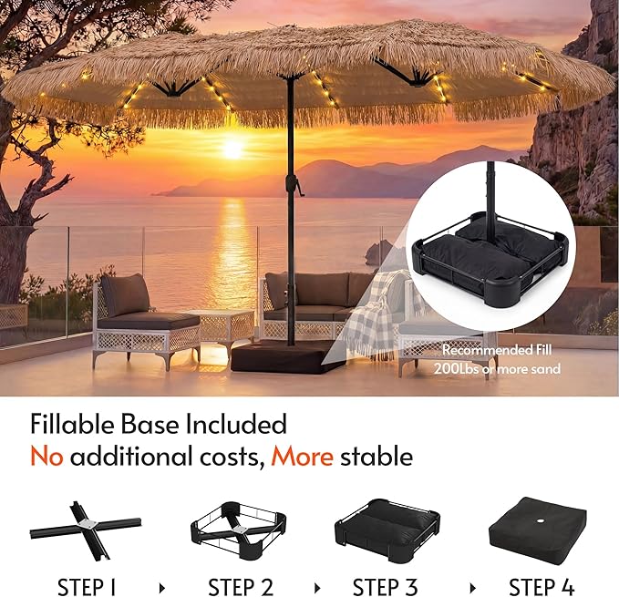 15ft Double-Sided Patio Umbrella with Solar Lights and Base Included, Large Patio Umbrella with 48 LED Dual-Color Lights, 135 Sq Ft Shade Area Patio Table Umbrella for Pool, Outddor, Deck (Tiki Hawaii)