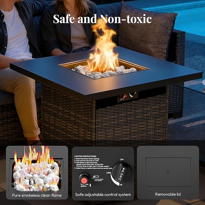 8 Piece Patio Furniture Set with 50000 BTU Fire Pit Table, Wicker Outdoor Patio Conversation Set with Propane Fire Pit, Waterproof Rattan Patio Couch Set for Backyard, Deck & Garden