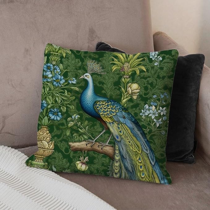 Aqua and Green Chinoiserie Throw Pillow Covers Green Peacock Animal Asian Cushion Cases 18x18 INFarmhouse Accent Outdoor Garden Decoration for Patio Garden Couch Tent