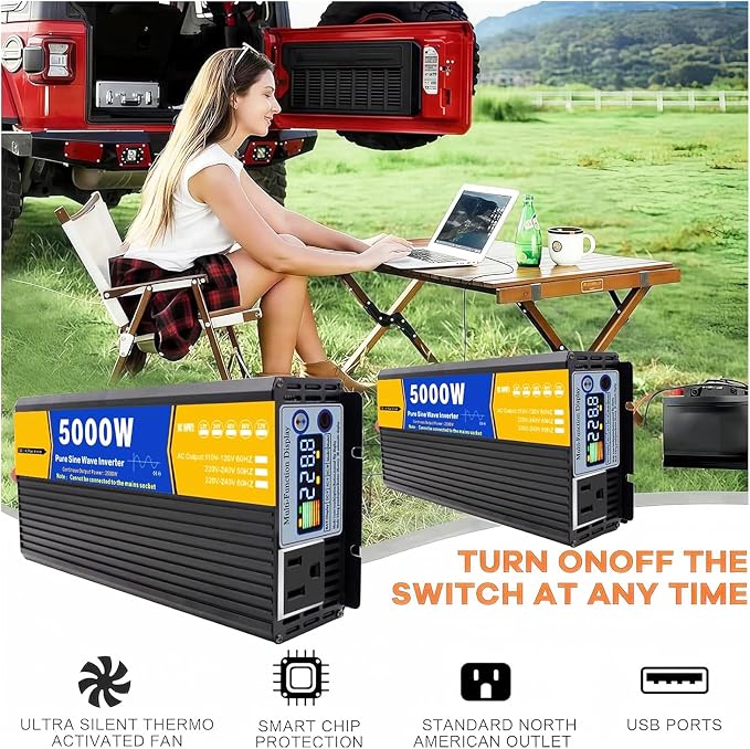 1500W DC 12V/24V/48V/60V/72V Pure Sine Wave Inverter Charger Split Phase DC Input AC Output 110V/220V Low Frequency Solar Power Inverter Converter(Size:24v to 220v)