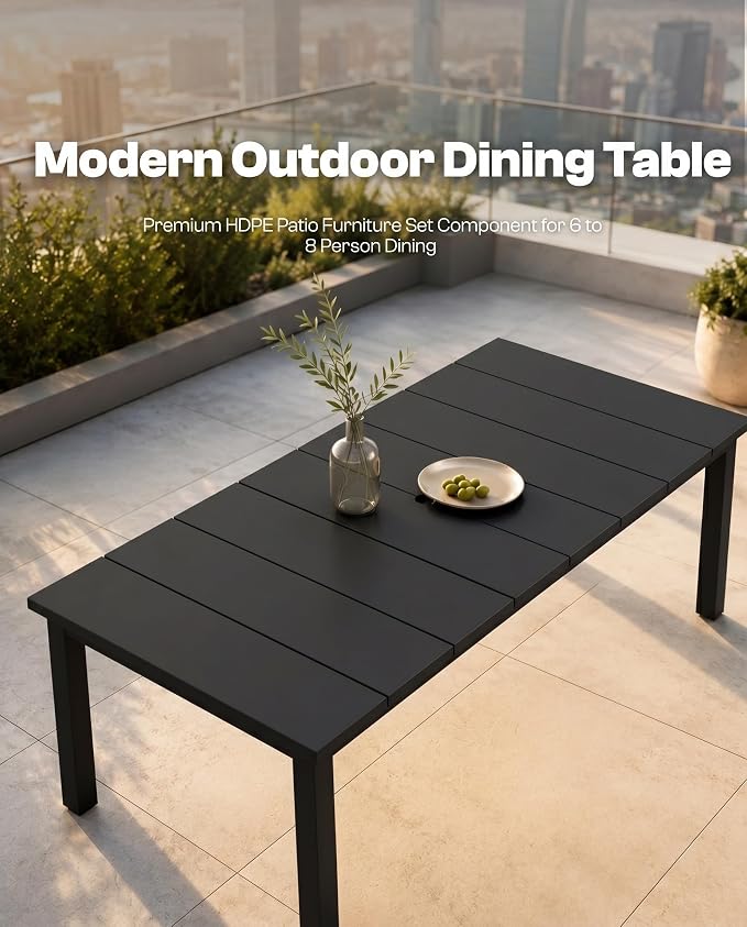 75.2" Outdoor Dining Table for 4-6 People, Patio Dining Outdoor Table with Umbrella Hole, All Weather Patio Table for Backyard, Deck and Garden, Black