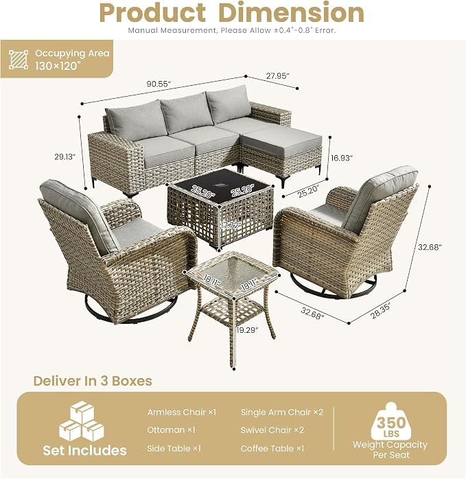 HOOOWOOO 8 Pieces Patio Furniture Set,L Shaped Outdoor Sectional Couch with Swivel Chiars Solar Table, PE Wicker All Weather Outside Conversation Sofa Ottoman Set,Charcoal Gray