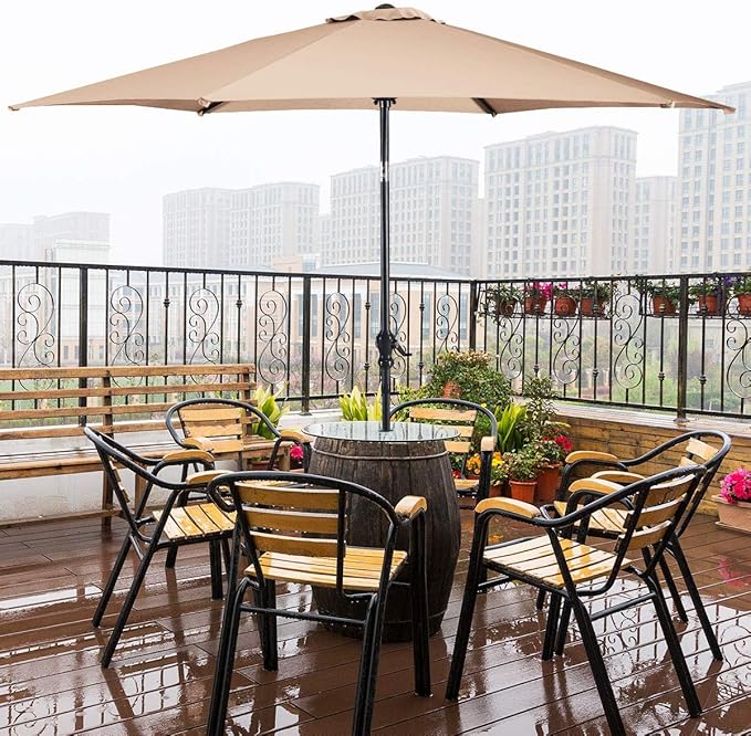 10-Foot Outdoor Water/UV-Resistant Patio Umbrella, Round Tilt Garden Market Table Mental Umbrella, with Crank, Adjustable Levels, Perfect For BBQ, Seaside, Swimming Pool, Beige
