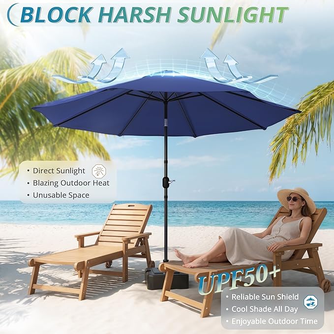 LUE BONA 10FT Patio Umbrella, Easy Crank Lift Market Umbrella with Tilt Function, Waterproof Outdoor Table Umbrella for Deck Garden Backyard Pool, Navy Blue