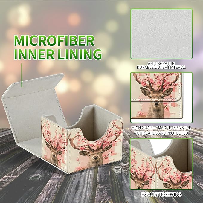 Card Deck Box for MTG, Cards Storage Box Fits 120+ Sleeved, Leather Small Size Strong Magnetic Closing Card Case for Board Games Magic TCG CCG Baseball Collection, Peach Blossom Deer