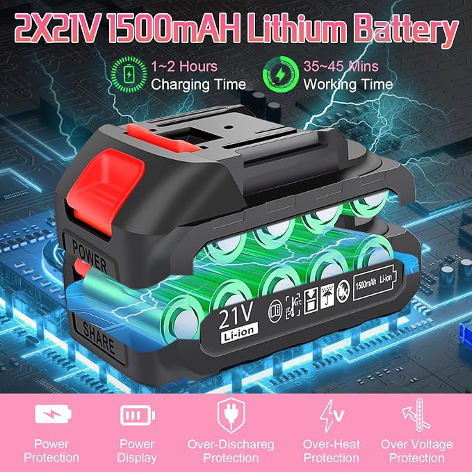 Mini Chainsaw Cordless 6-INCH, Portable Electric Power Pruning Saw, Rechargeable Battery Powered Handheld Chain Saw for Tree Branches, Courtyard, Household and Garden, 2PCS 21V 1500mAh Batteries