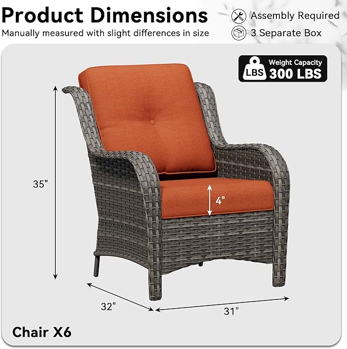 6 Piece Outdoor Wicker Patio Furniture Set, Patio Chairs Set with Thickened Olefin Cushions, High Back and Deep Seating, Hand-Woven PE Rattan for Porch, Deck