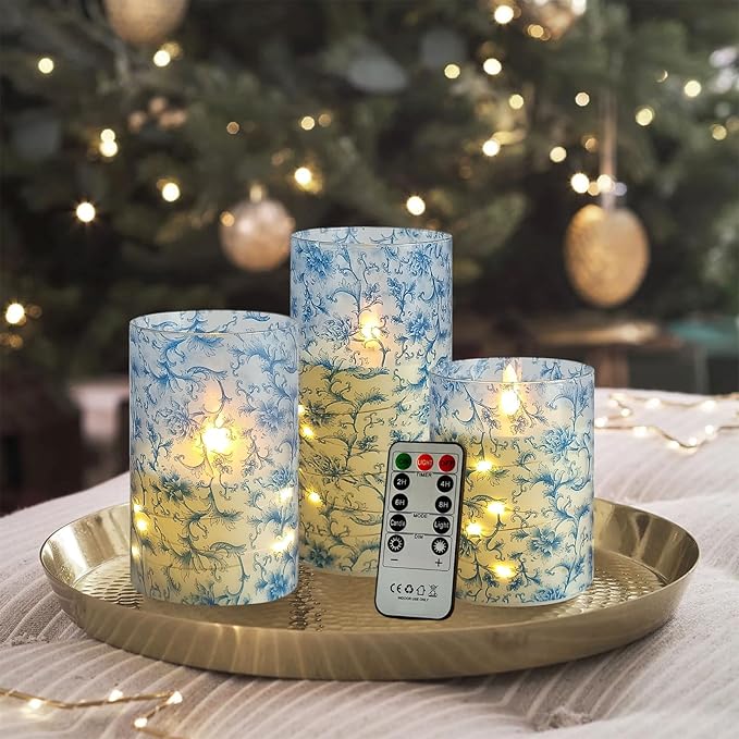 Flickering Flameless Candles, Recessed String Light LED Candles 3D Wick Acrylic Battery Operated LED Pillar Candles with Remote and Timer for Modern Simple Home Decor Set of 3(Blue Twig)