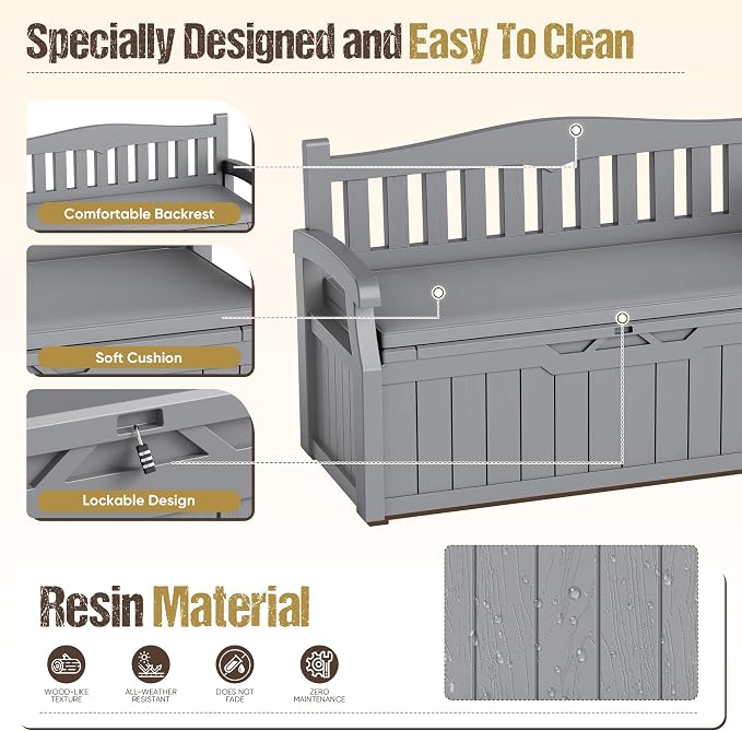 80-Gallon Outdoor Storage Bench with Cushion, Lockable Waterproof Deck Box with Armrests for Patio, Garden, Pool, Gray