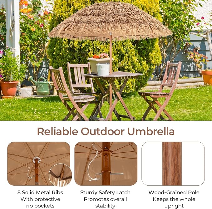 HAPPYGRILL 6.5 FT Hula Thatched Tiki Beach Umbrella, 30° Tilting Hawaiian Style Tropical Holiday Umbrella with 8 Metal Ribs, Carry Bag & Foldable Base for Patio, Garden & Pool