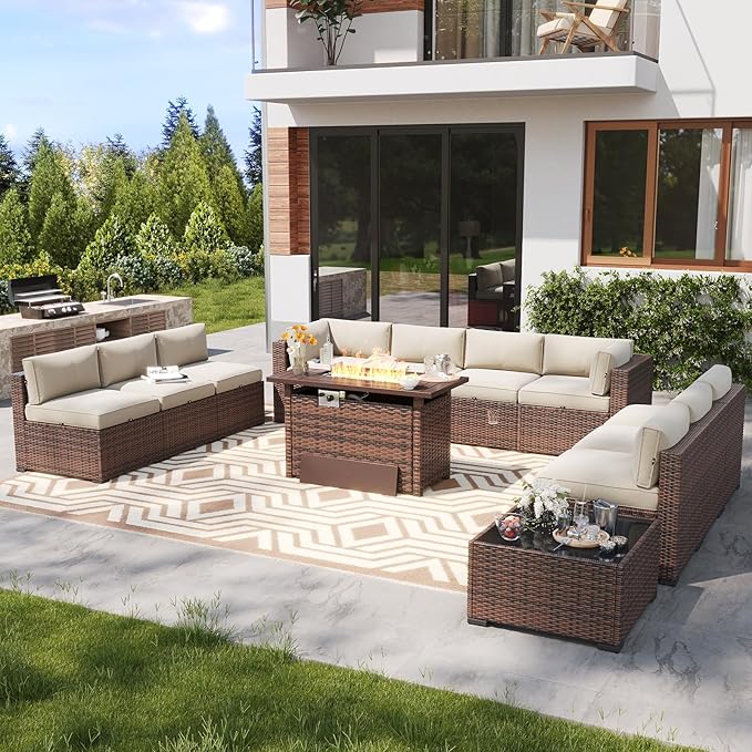 LazySunsets 12 Piece Outdoor Patio Furniture Set with 44'' Fire Pit Table, Outdoor Patio Furniture Sets with Waterproof Cover, Wicker Rattan Outdoor Conversation Set for Backyard & Garden, Beige