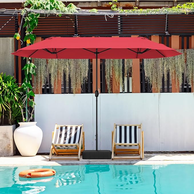 Giantex Patio Umbrella with Base, Double-Sided Outdoor Umbrella with Crank Handle, Umbrella Base Stand with 2 Sandbags, 12 Metal Ribs, Market Umbrellas for Garden Poolside Deck