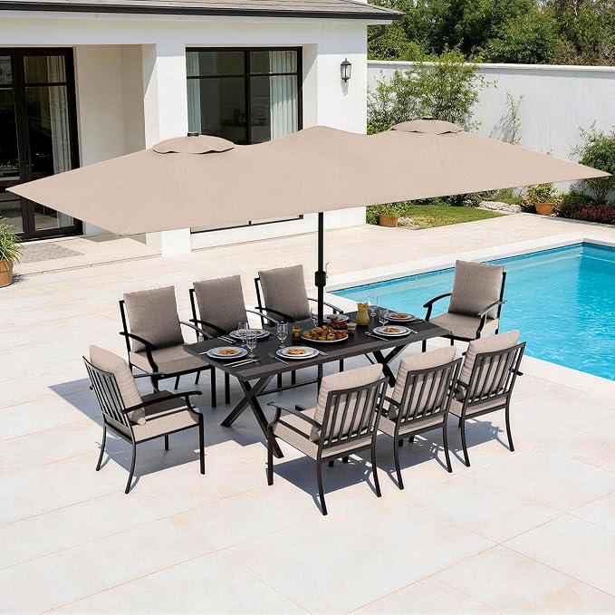 10-Piece Patio Dining Set,Metal Outdoor Furniture Set Includes 13.6FT Sand Umbrella,Hole Cut-Out 78.7" x 35.4" Table and 8 Metal Backrest Chairs for Backyard,Garden,Sand