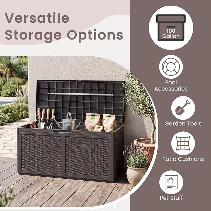 HAPPYGRILL 100 Gallon Resin Deck Box Outdoor Waterproof Storage with Lockable Lid, Rattan Texture Storage Container with Wheels for Pool Accessories, Garden Tool, Patio Furniture Cushion (Brown)
