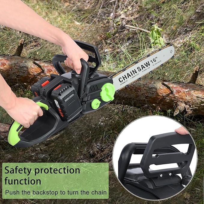 16 Inch Cordless Chainsaw - Brushless Electric Chainsaw Kit with 2 Battery & Charger, Hand Held Battery Powered Chain Saw for Wood Cutting, Logging, Tree Trimming, Green & Black, CB9E4550513
